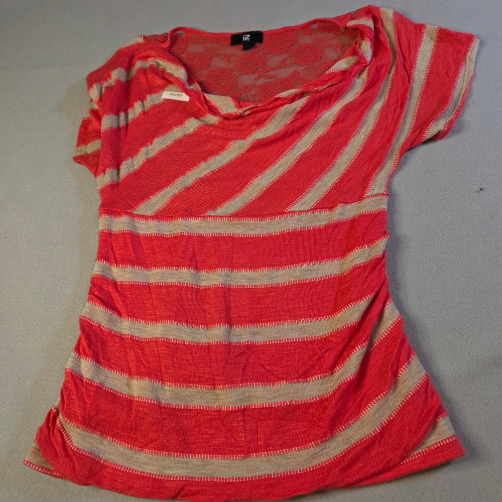IZ Byer Womens XL Coral Red Tan Striped Lace Back Cowl Neck Top Blouse USA Made